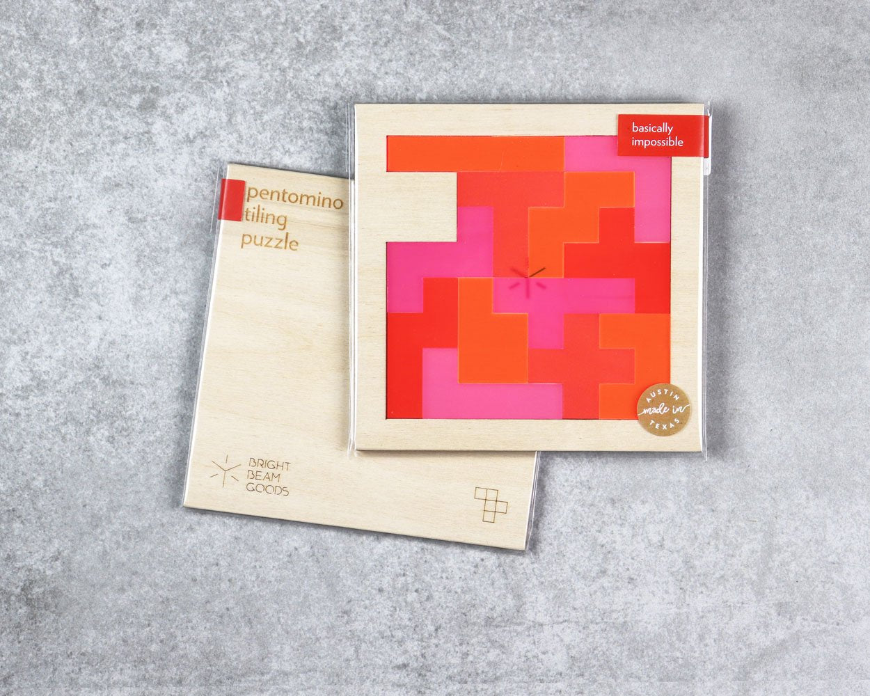 Candy square pentomino puzzle in packaging