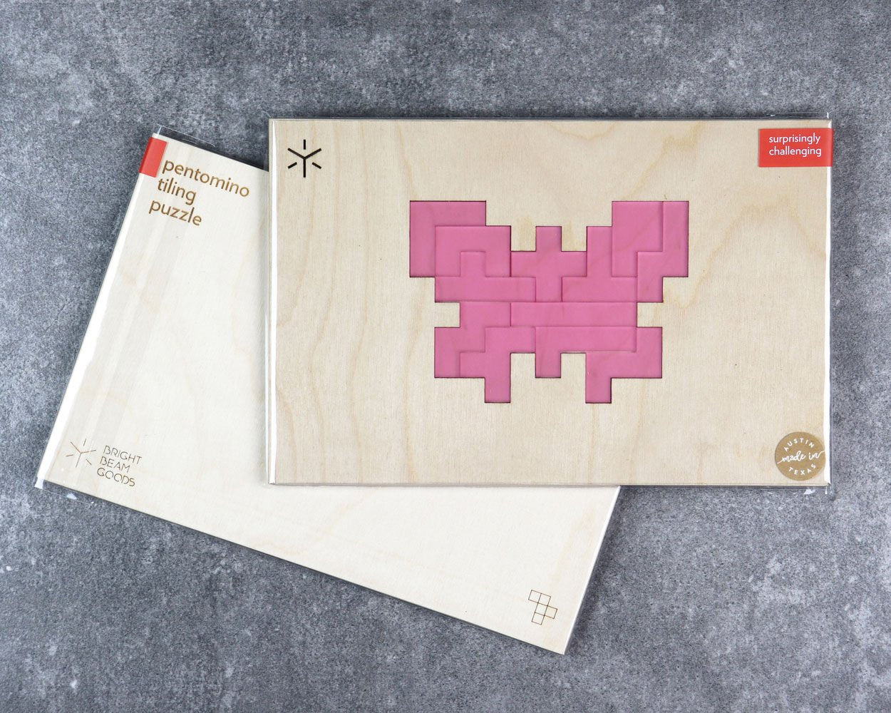 Butterfly pentomino puzzle in packaging