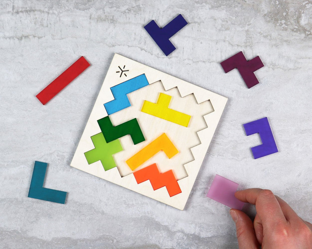 Rainbow square pentomino puzzle in packaging